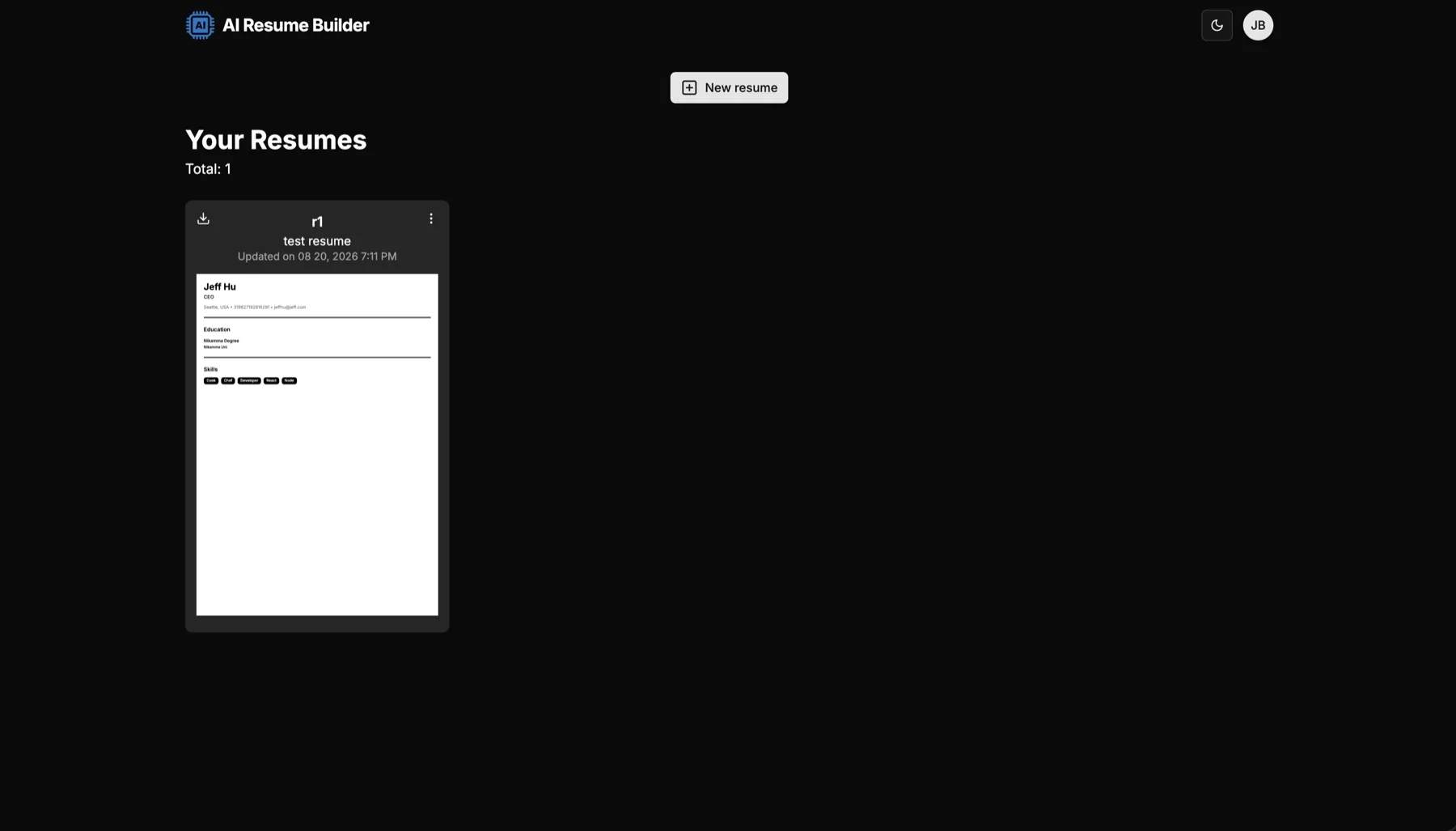 Saved resumes dashboard